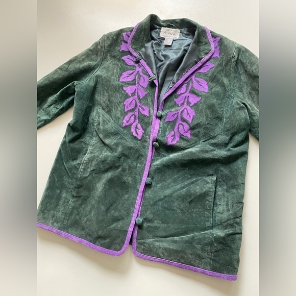 Vintage Linea By Louis Dell’Olio Green Floral Button Suede Leather Jacket Medium - Picture 8 of 8